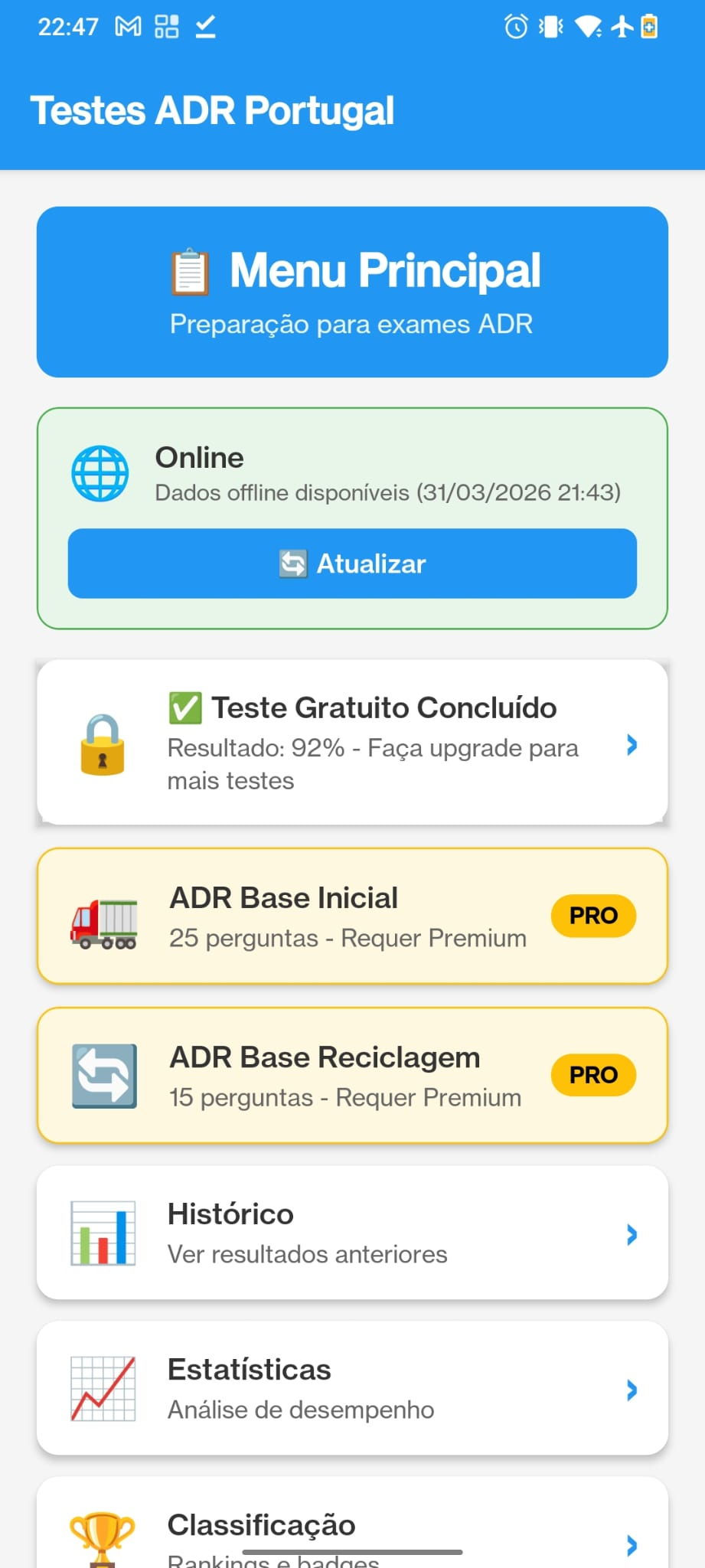 Menu principal da app em Android