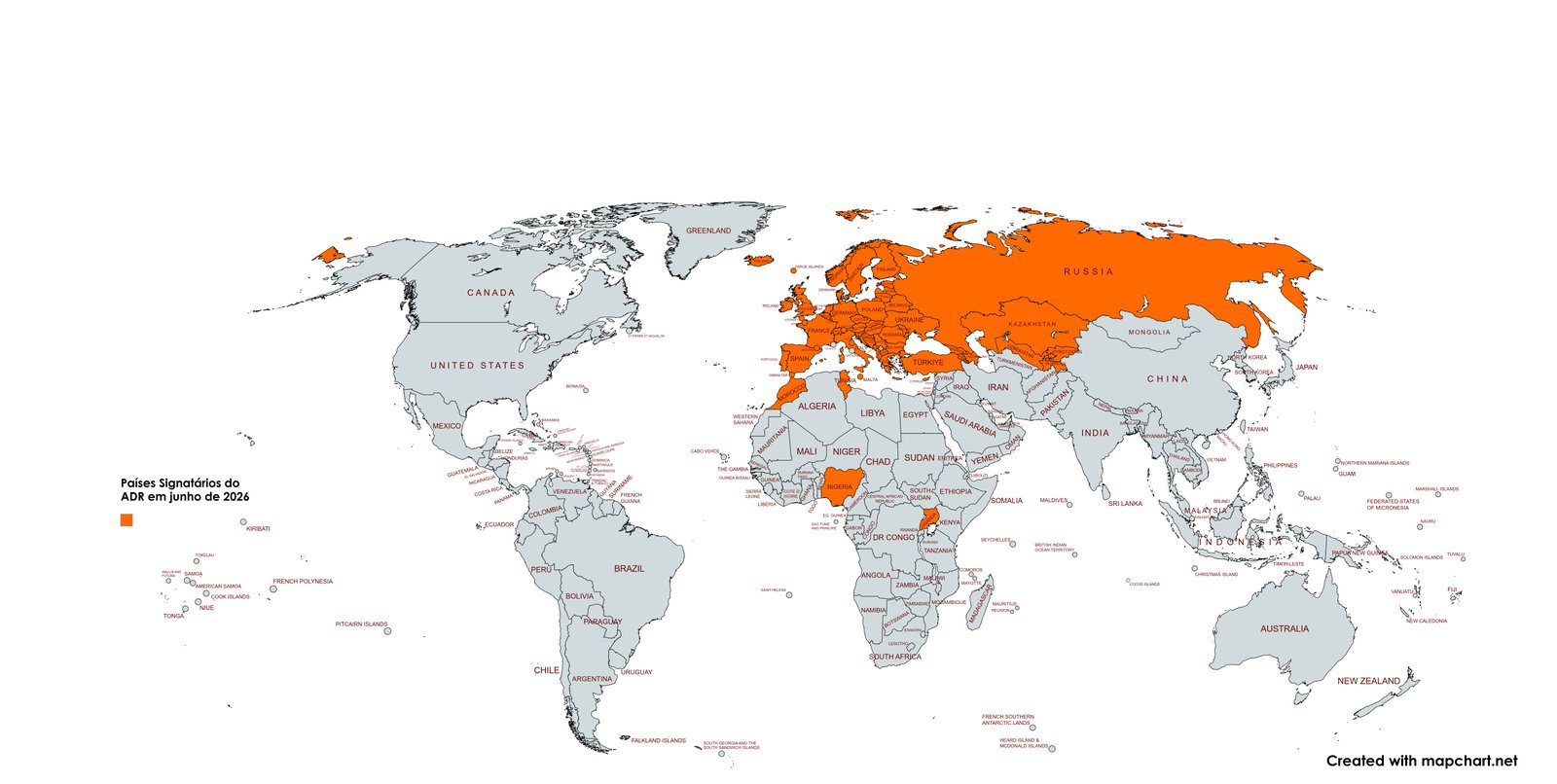 Mapa-múndi dos 55 países signatários do Acordo ADR em junho de 2026, com destaque para Europa, Norte de África, Cáucaso e Ásia Central.
