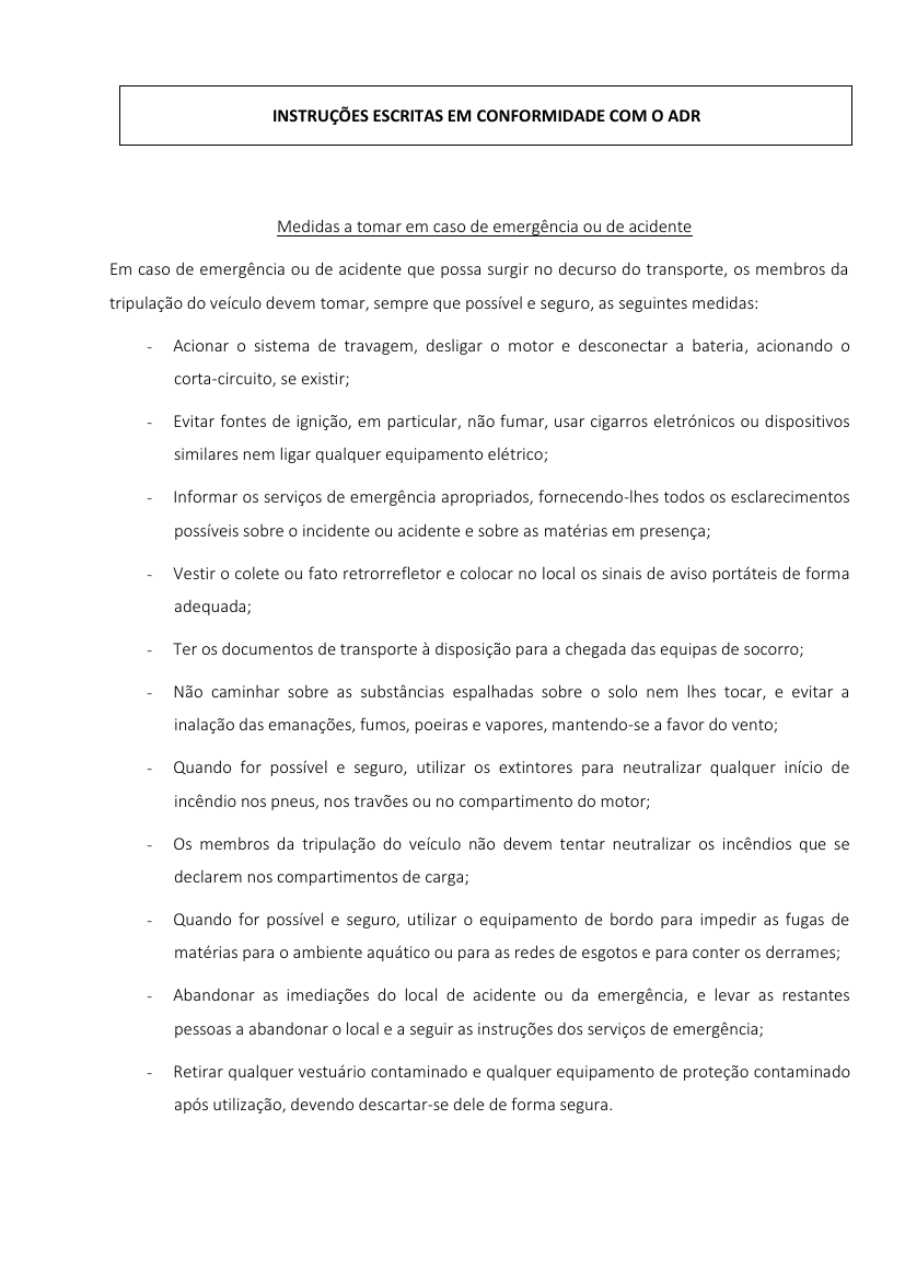 Capa das Instruções Escritas ADR (IMT)