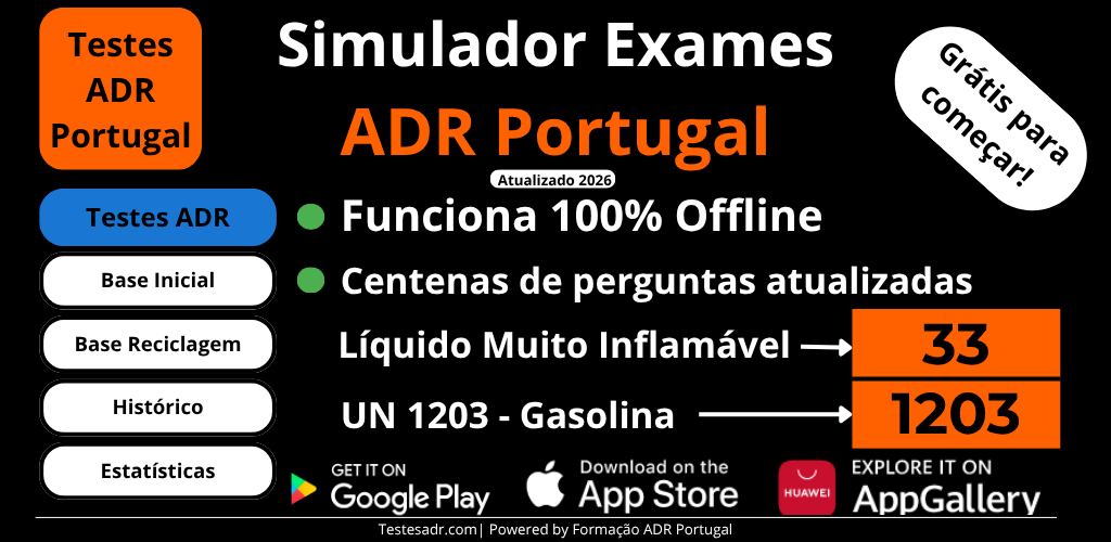 Simulador Exames ADR Portugal — App grátis Base Inicial + Reciclagem com painel laranja 33/1203 Gasolina Líquido Muito Inflamável